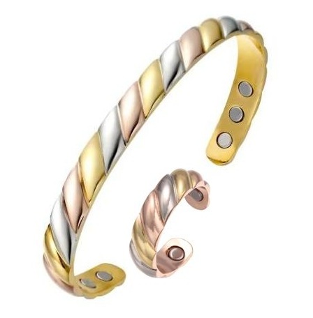 2 PC Rainbow Copper Magnetic Bangle Bracelet with Matching Ring Set #Copper-BR014