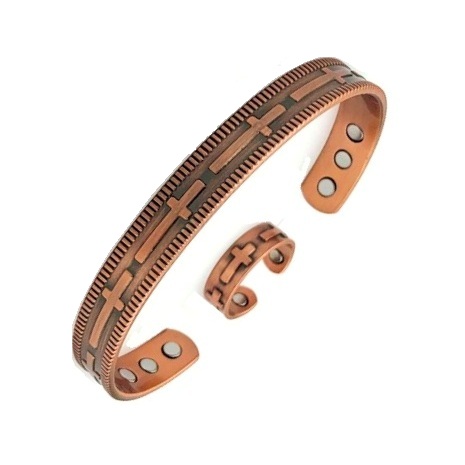 2 PC Cross Copper Magnetic Bangle Bracelet with Matching Ring Set #Copper-BR026