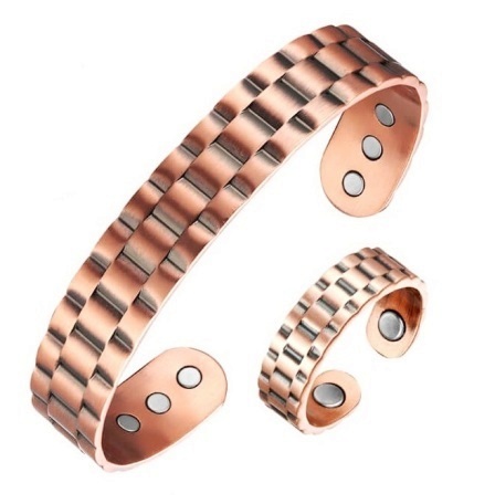 2 PC Brick Copper Magnetic Cuff Bracelet with Matching Ring Set #Copper-BR0225