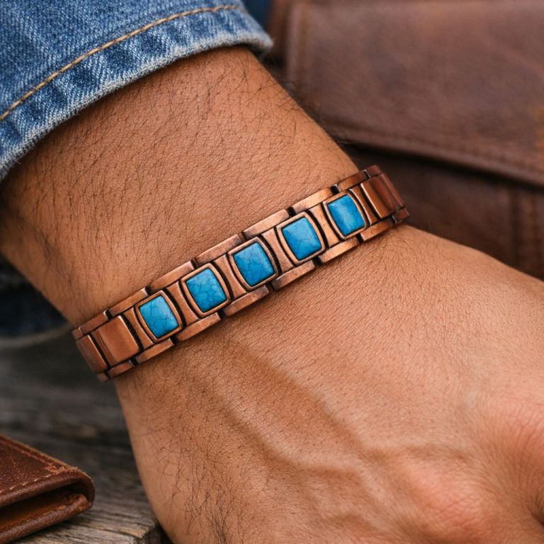 Turquoise Cabochon Copper Magnetic Link Bracelet for Men & Women