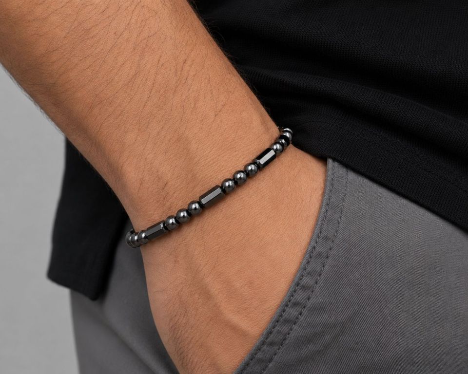 Hematite Round and Faceted Tube Magnetic Bracelet for Men