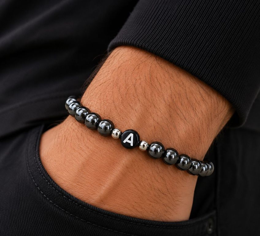 Initial Hematite Magnetic Bracelet - Handmade with Magnetic Clasp for Men