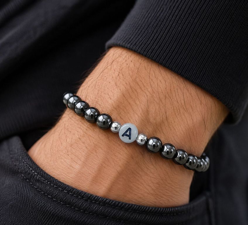 Glow in the Dark Initial Magnetic Bracelet | Hematite 6mm