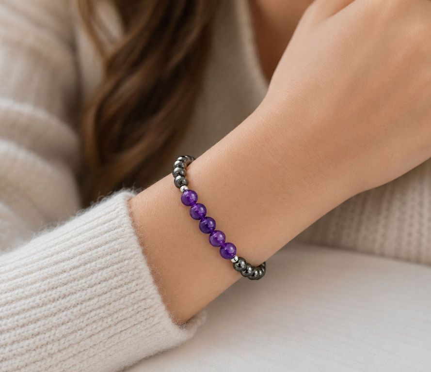 Womens Hematite  Magnetic Bracelet with Amethyst Stone beads