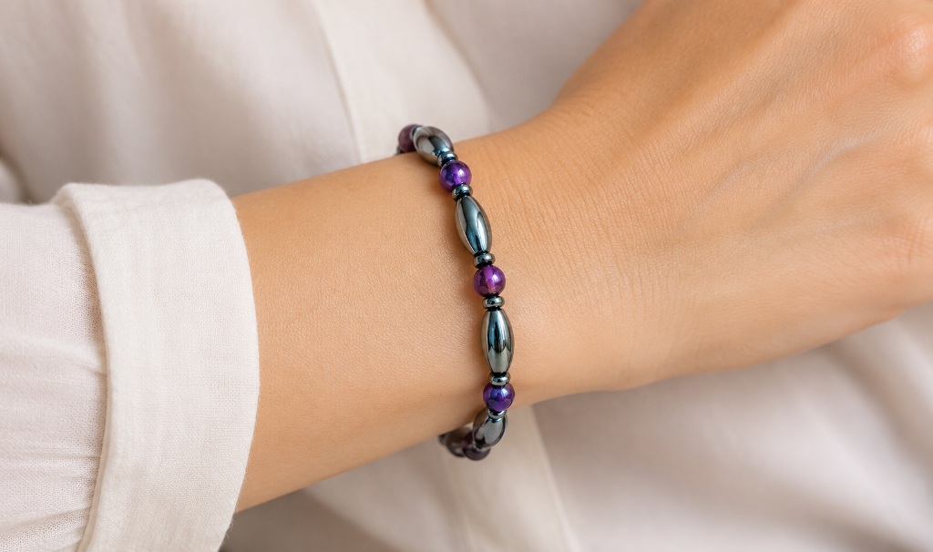 Women Hematite Magnetic Bracelet with Amethyst Stone beads