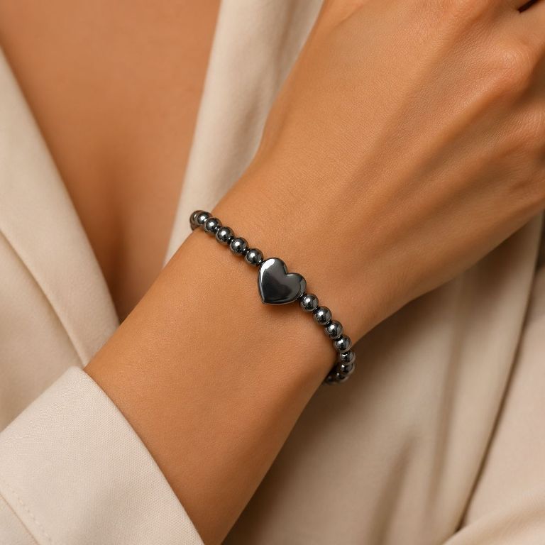 Hematite Magnetic Bracelet for Women with Heart Bead - Handmade Magnetic Jewelry
