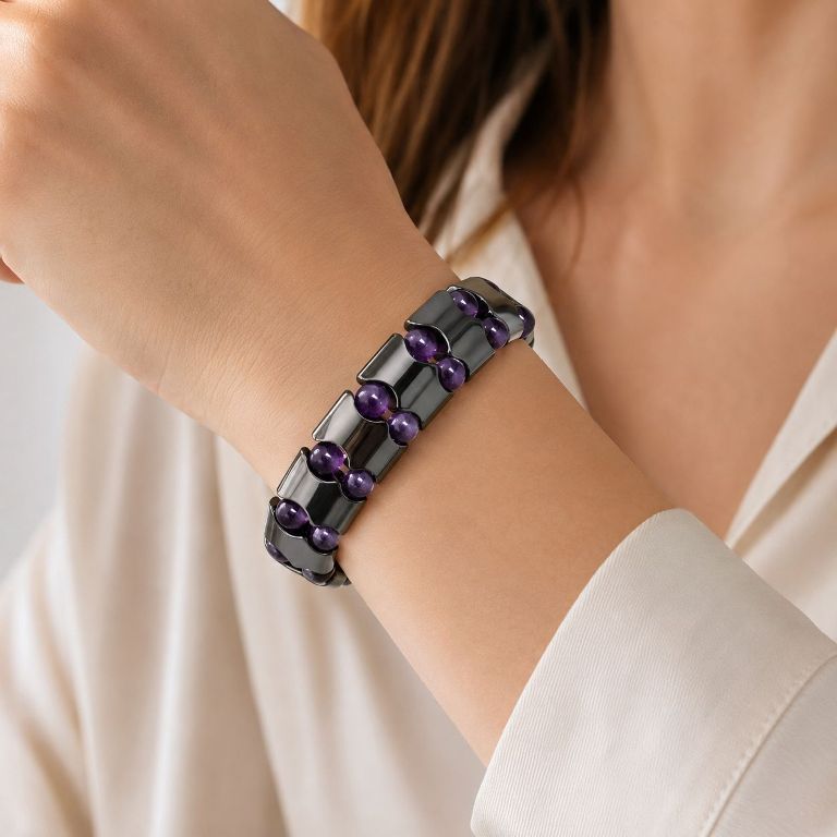 Womens Double Line Hematite  Magnetic Bracelet with Amethyst Stone beads