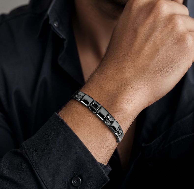 Mens Double Line All Black Hematite  Magnetic Bracelet