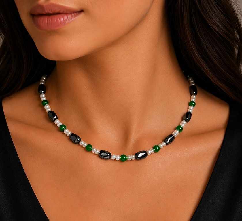 Green, Pearl & Hematite Magnetic Necklace for Women