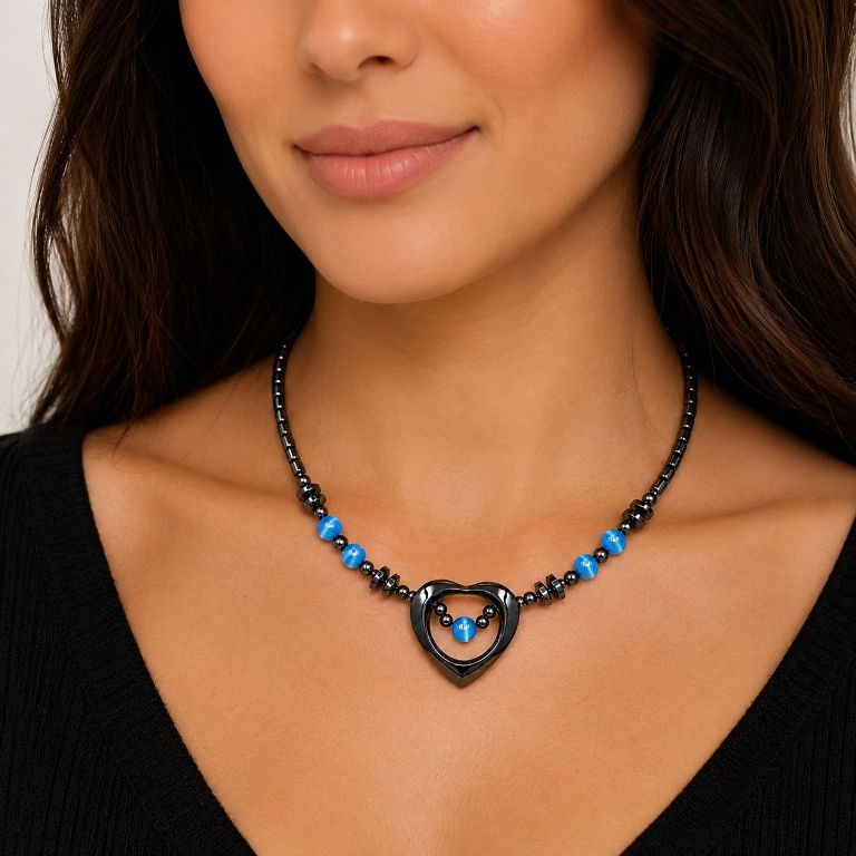 Open Heart Magnetic Necklace with Blue Beads for Women