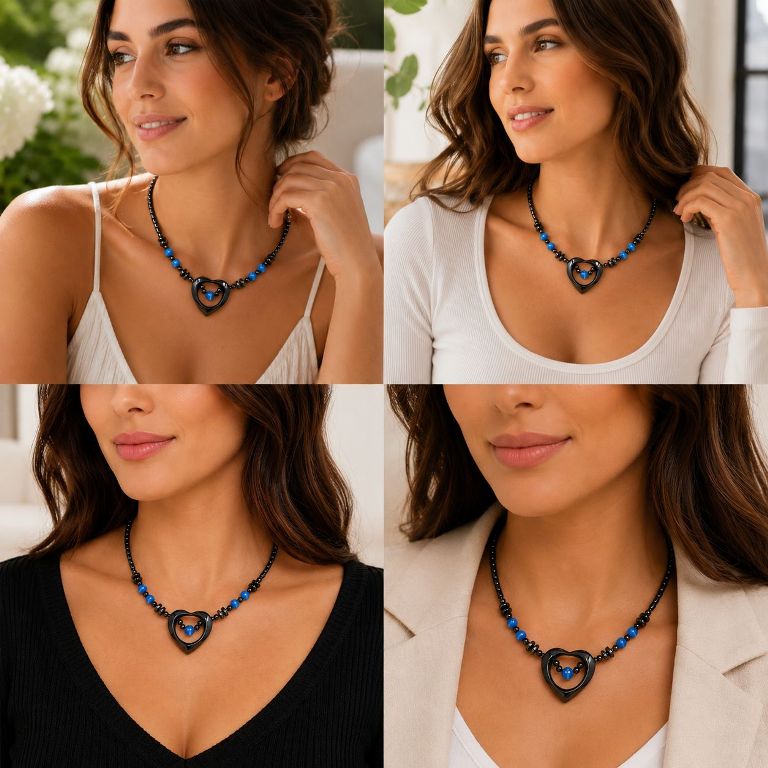 Elegant 35mm Open Heart Hematite Magnetic Necklace with Blue Beads