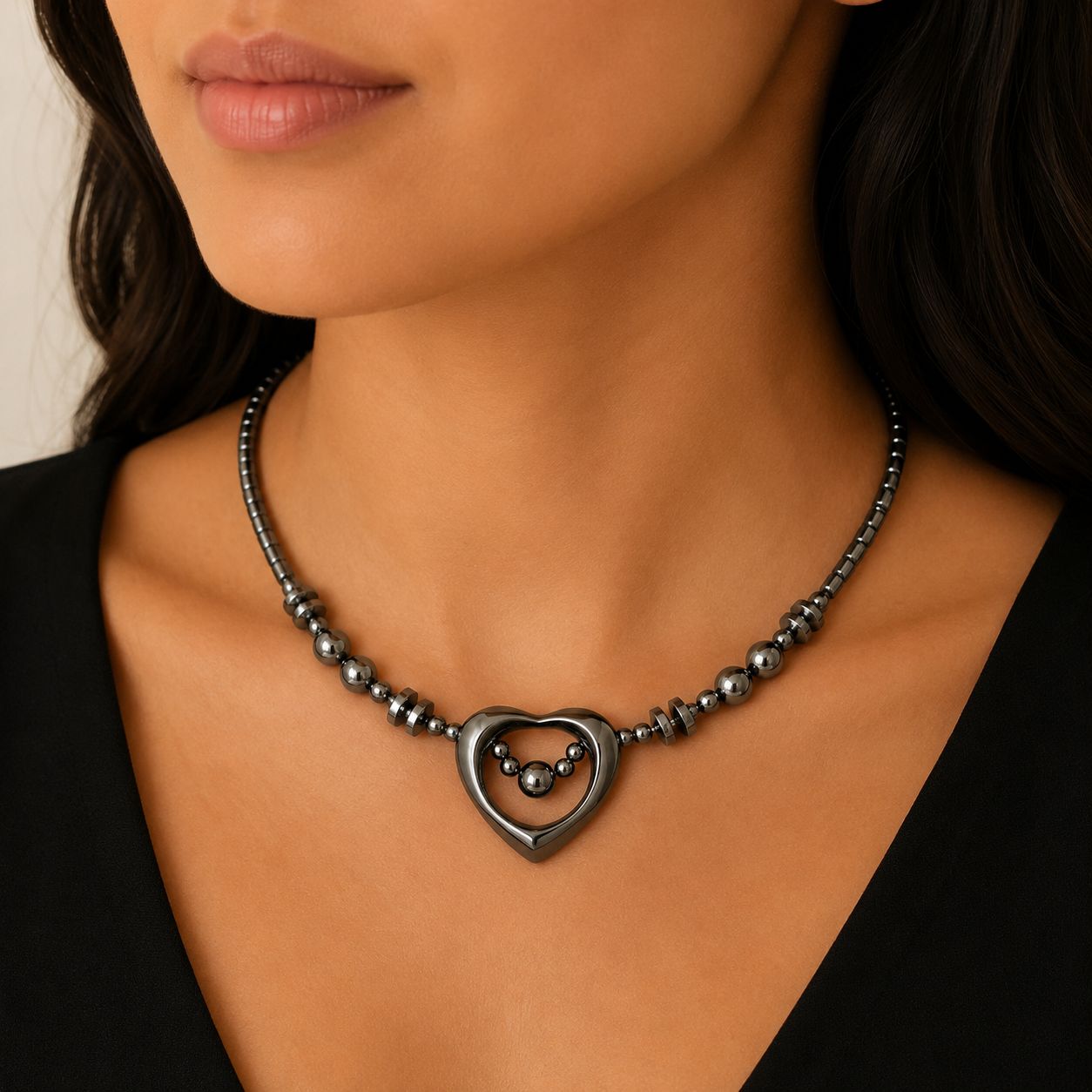 Hematite Open Heart Magnetic Necklace for Women