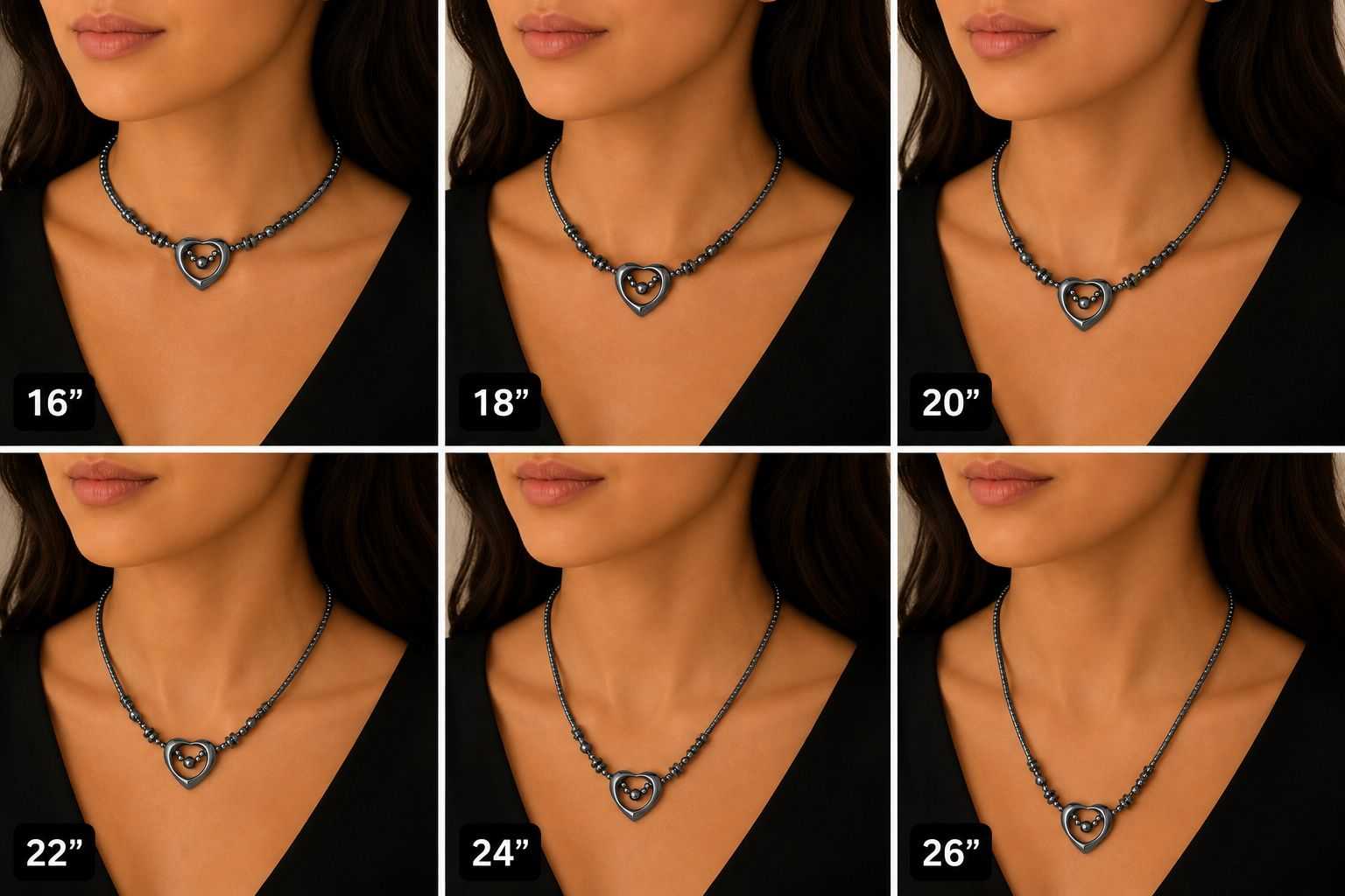 35mm Open Heart Hematite Magnetic Necklace for Women, All Black Magnetic Beads with Magnetic Secure Clasp
