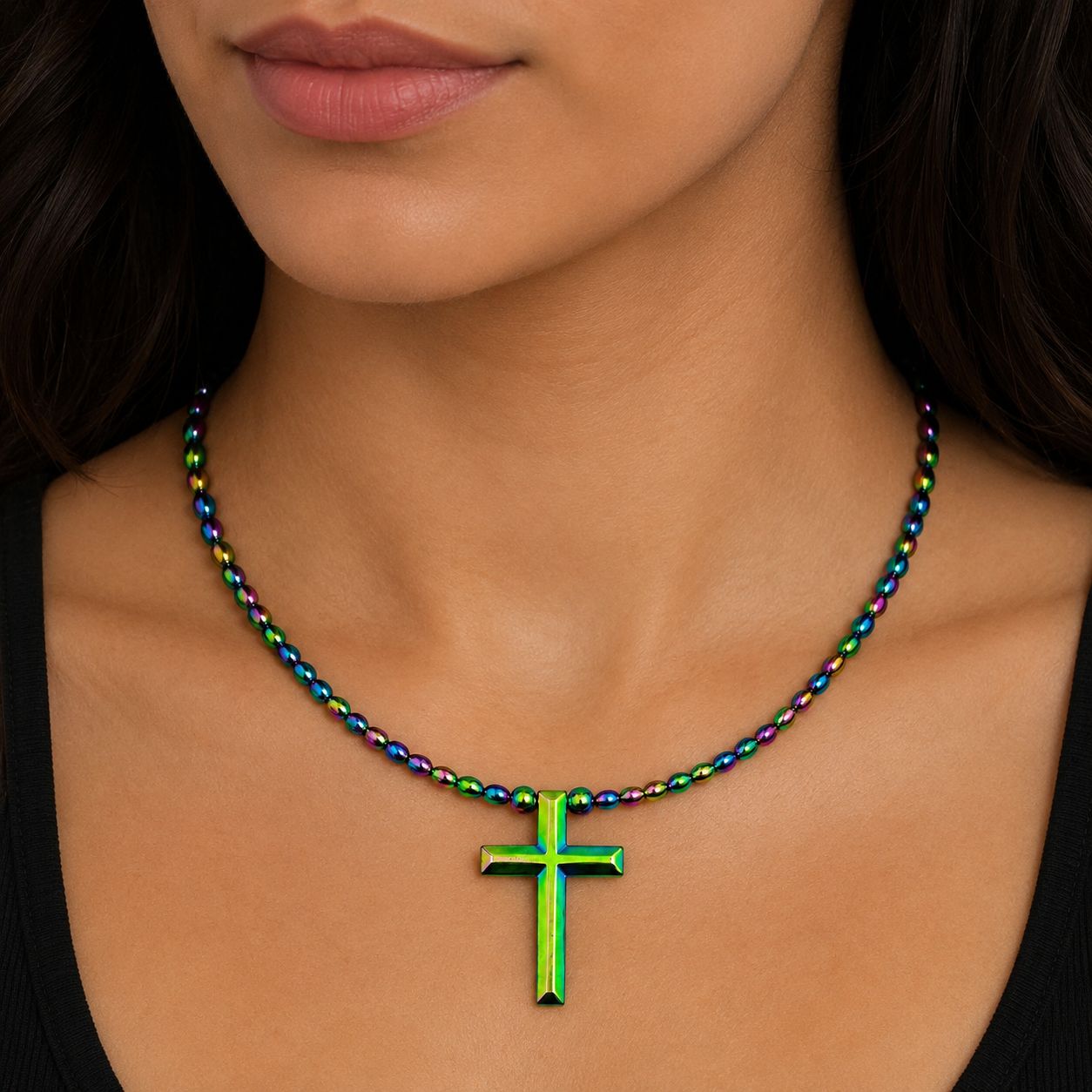 Cross Hematite Magnetic Necklace | Rainbow Beads