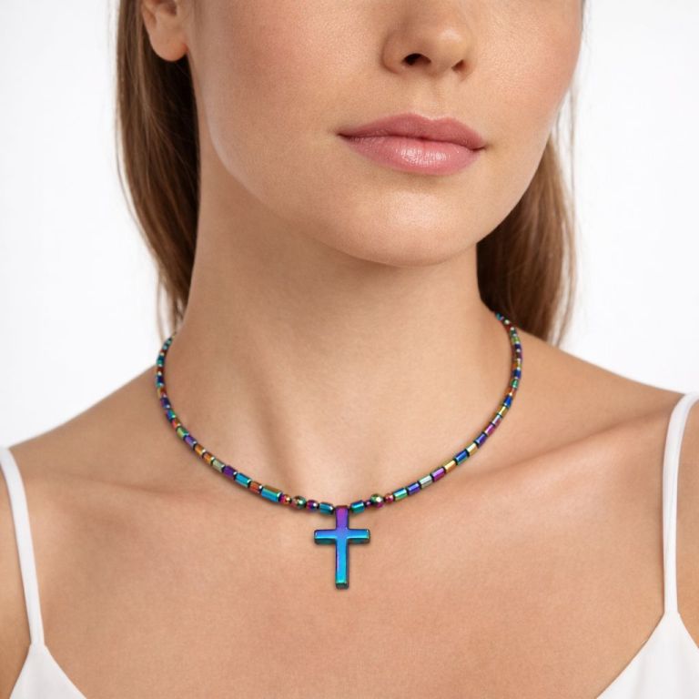 Iridescent Medium Cross Hematite Magnetic Necklace for Women | Rainbow Beads