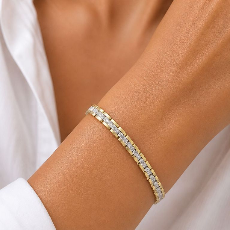 Narrow Railroad Two Tone Stainless Steel Magnetic Therapy Bracelet