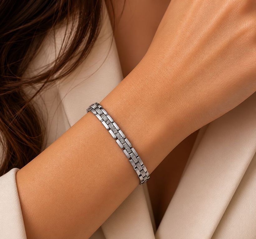 One Tone Narrow Railroad Style Stainless Steel Magnetic Bracelet for Men and Women
