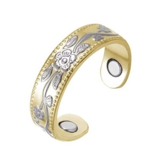 Floral Engraved Magnetic Copper Cuff Ring – Adjustable Two-Tone Band #R0215