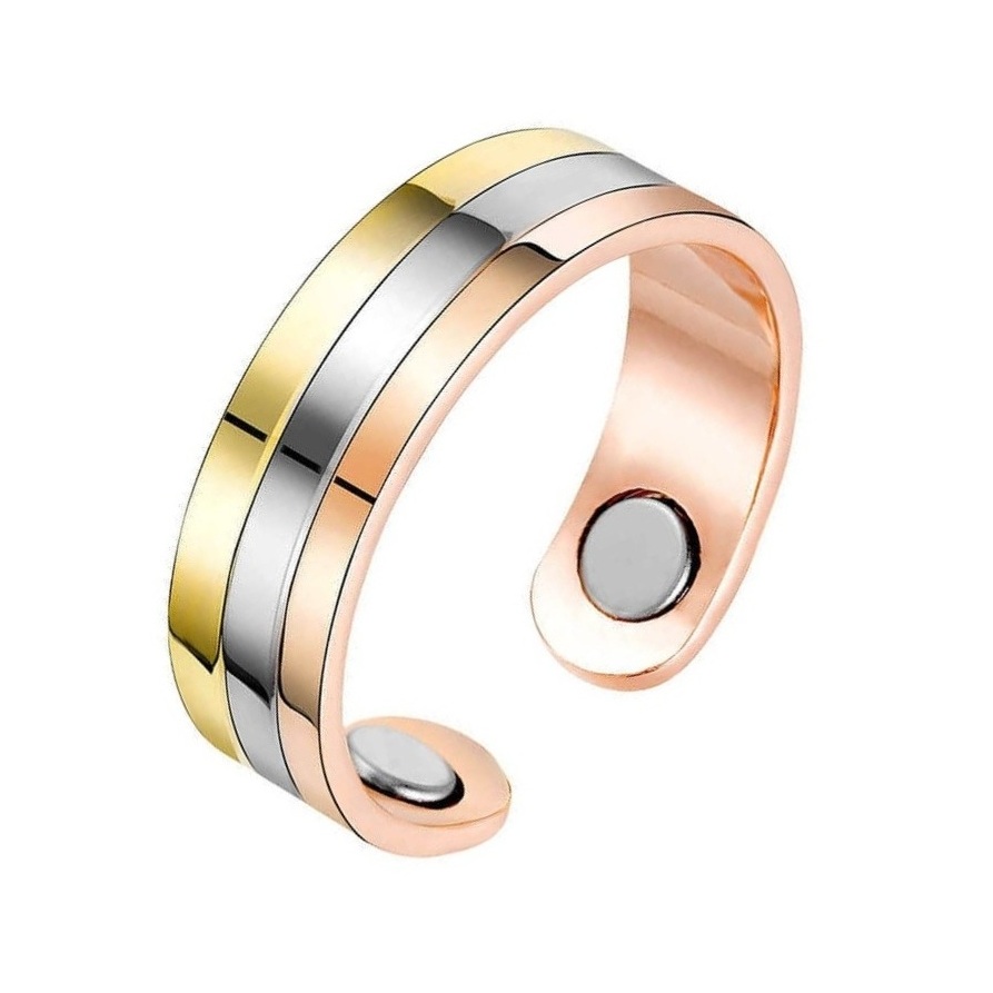 Tri‑Color Magnetic Therapy Ring Band - Solid Copper Base Adjustable Jewelry #R0226
