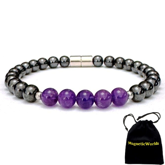 Magnetic Bracelet with 5 Genuine AAA Quality Amethyst Beads Hematite Magnetic Therapy Bracelet #MHB007AM