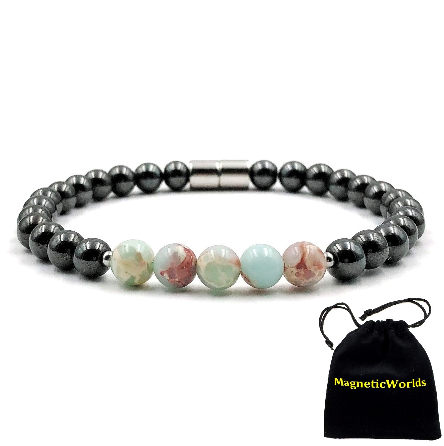 Magnetic Bracelet with 5 Genuine AAA Quality Aqua Terra Beads Hematite Magnetic Beaded Bracelet #MHB007AQ