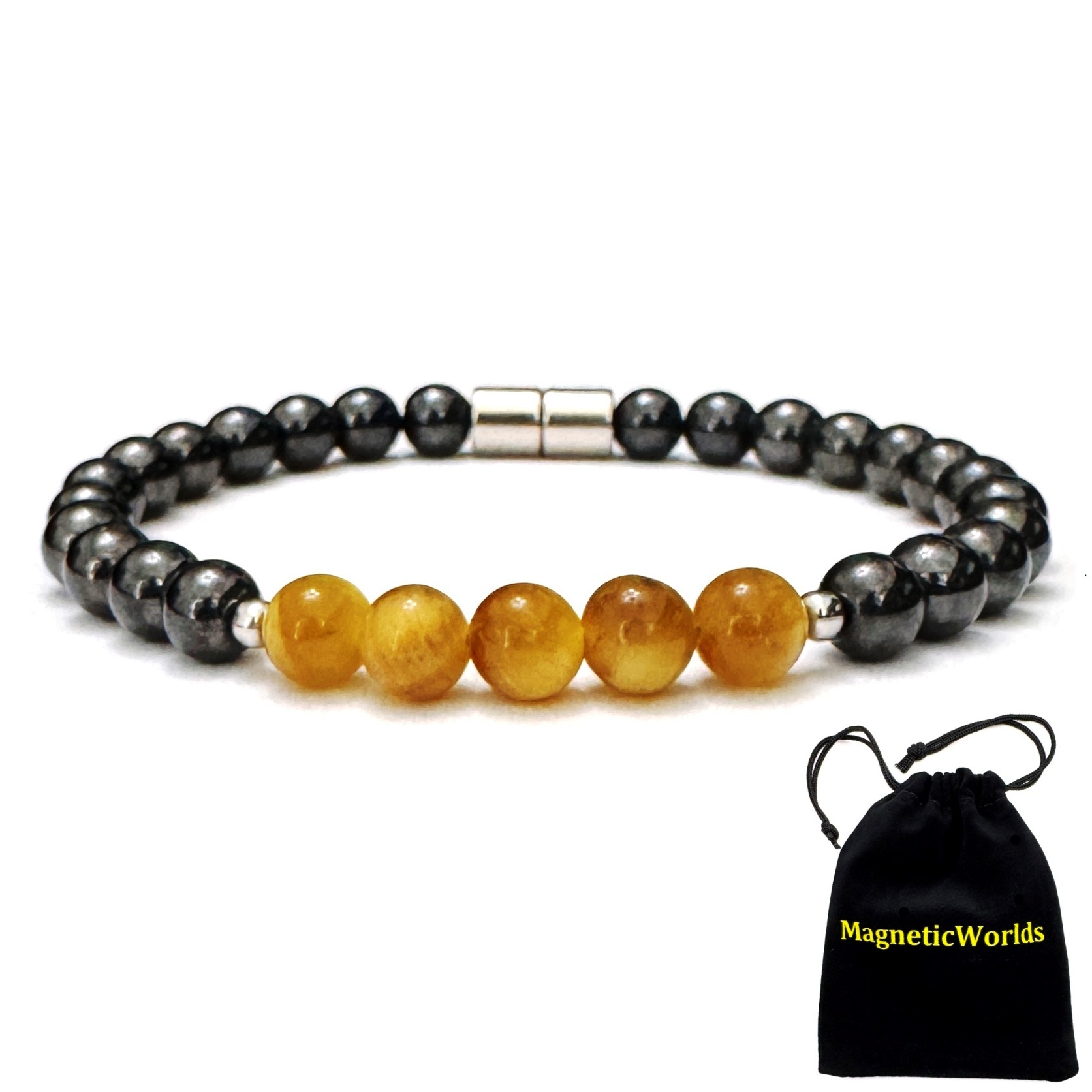 Magnetic Bracelet with 5 Genuine AAA Quality Tiger-Eye Beads Hematite Magnetic Beaded Bracelet #MHB007TE