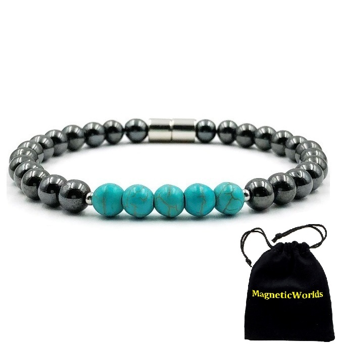 Magnetic Bracelet with Synthetic Turquoise Beads in the Center Magnetic Beaded Bracelet #MHB007TQ
