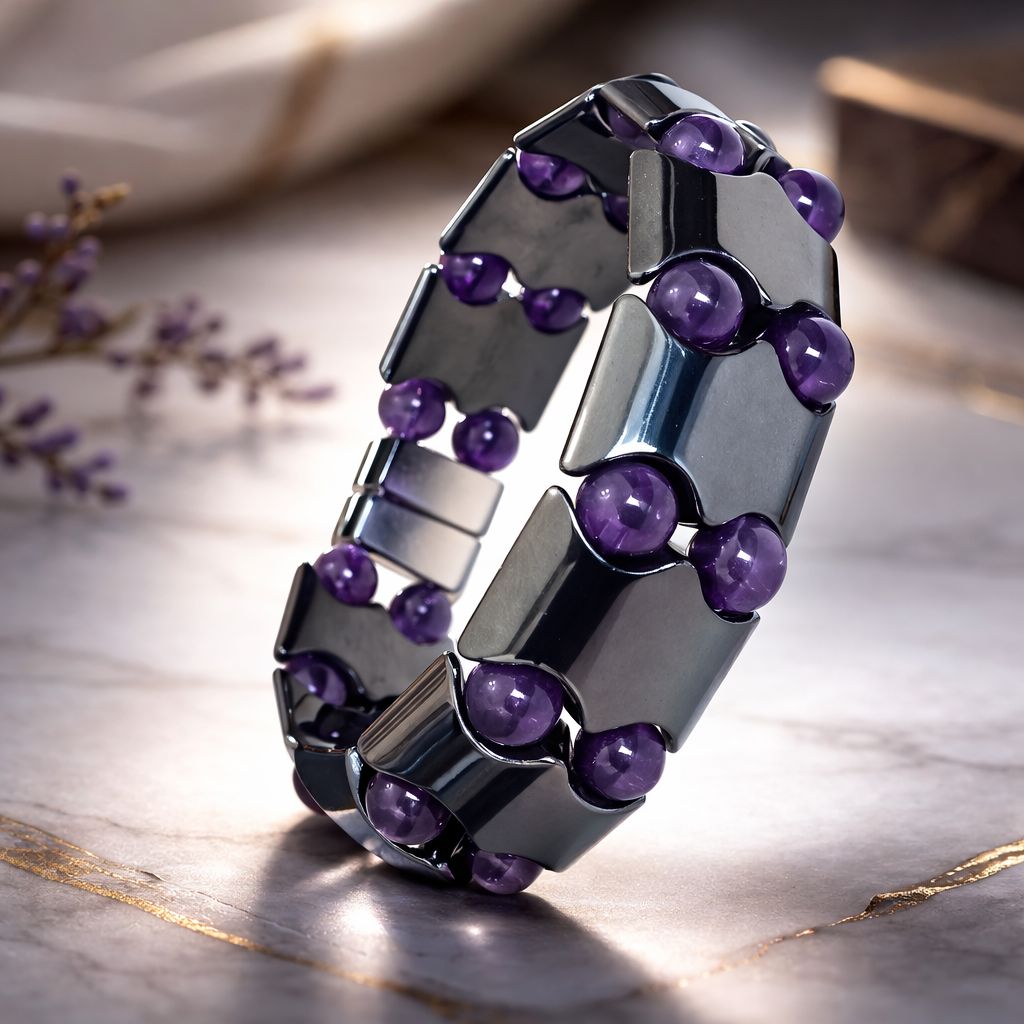 Bat Design Amethyst & Hematite Magnetic Bracelet | US Made #MHB208