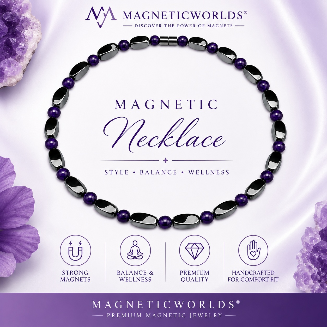 Amethyst & Hematite Magnetic Necklace - Elegant Design with Natural Stone Beads #437
