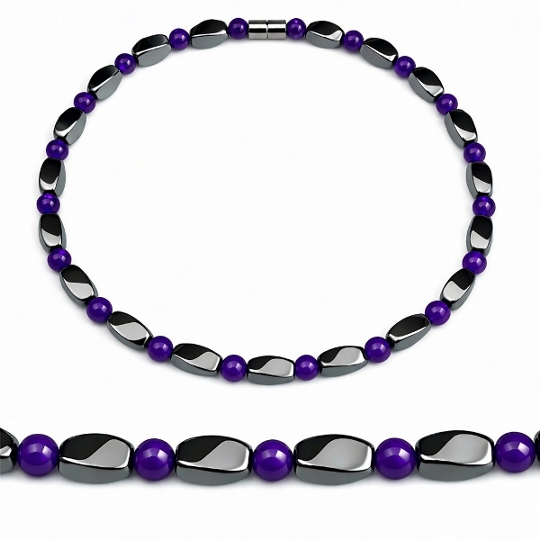 Amethyst & Hematite Magnetic Necklace - Elegant Design with Natural Stone Beads #437