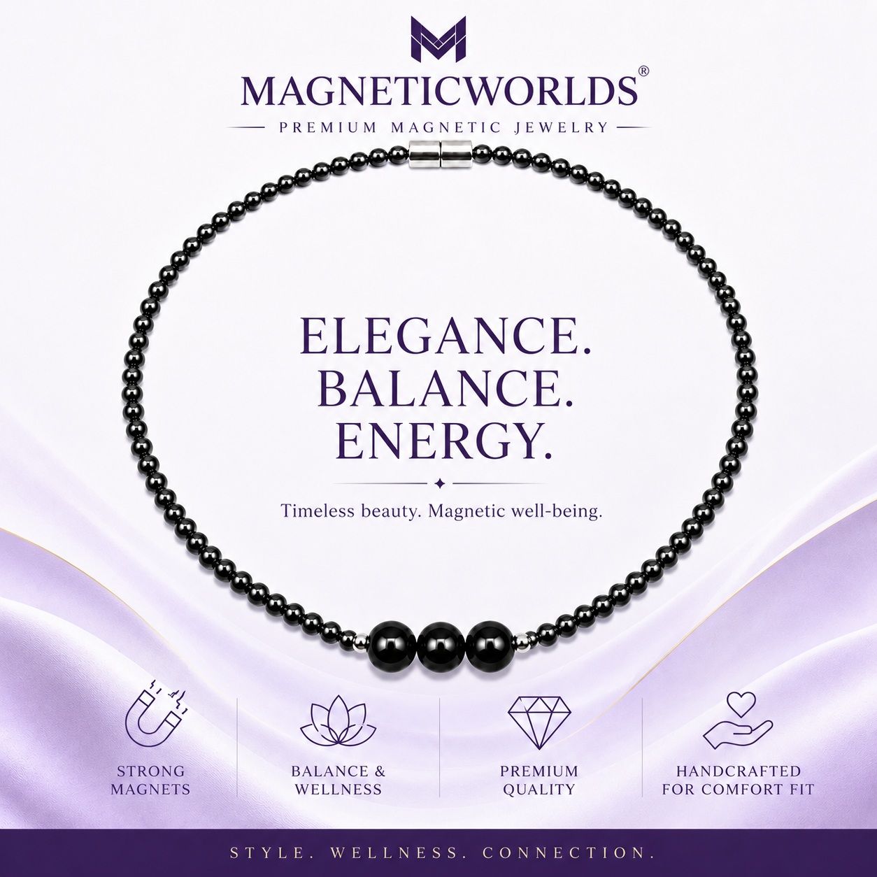 Black Onyx and Hematite Magnetic Beads Magnetic Necklace for Women #402