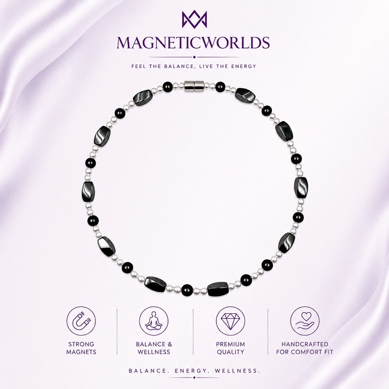 Black Onyx and Hematite Magnetic Necklace with Pearl Beads #433