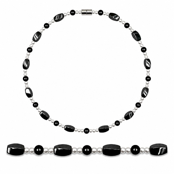 Black Onyx and Hematite Magnetic Necklace with Pearl Beads #433