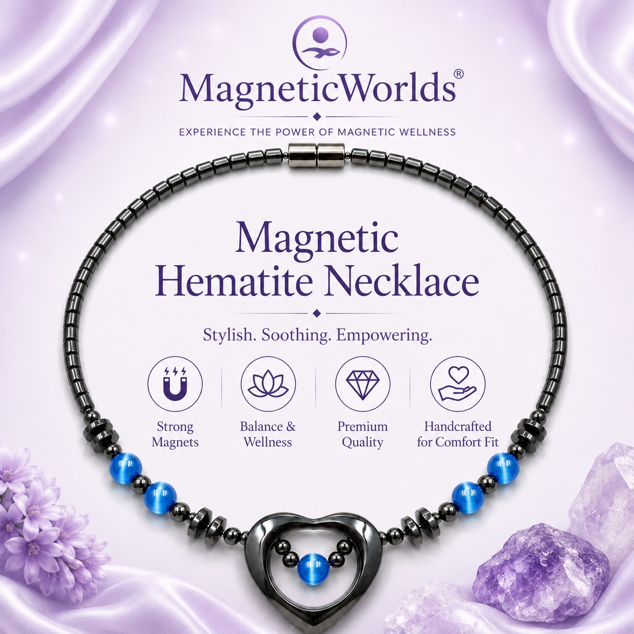 Open Heart Magnetic Necklace with Blue Beads for Women #413