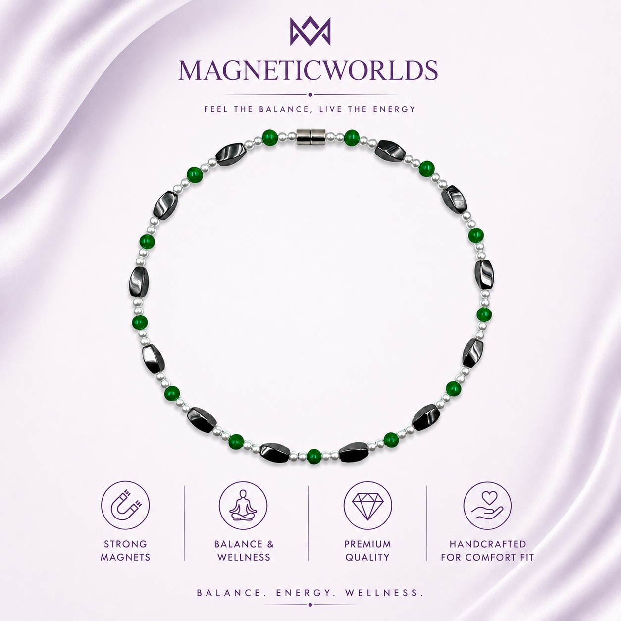 Green, Pearl & Hematite Magnetic Necklace for Women | Handcrafted #401