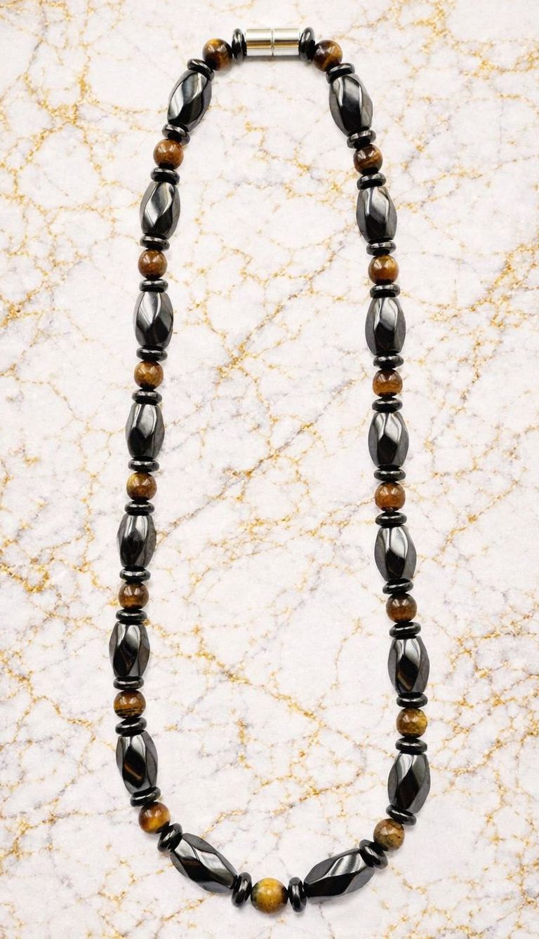 Premium Handmade Hematite Magnetic Necklace with Genuine Tiger-Eye Beads – Magnetic Wellness Jewelry #MHN400