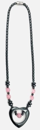 Open Hematite Heart Magnetic Therapy Necklace with Pink Beads for Women #MHN415