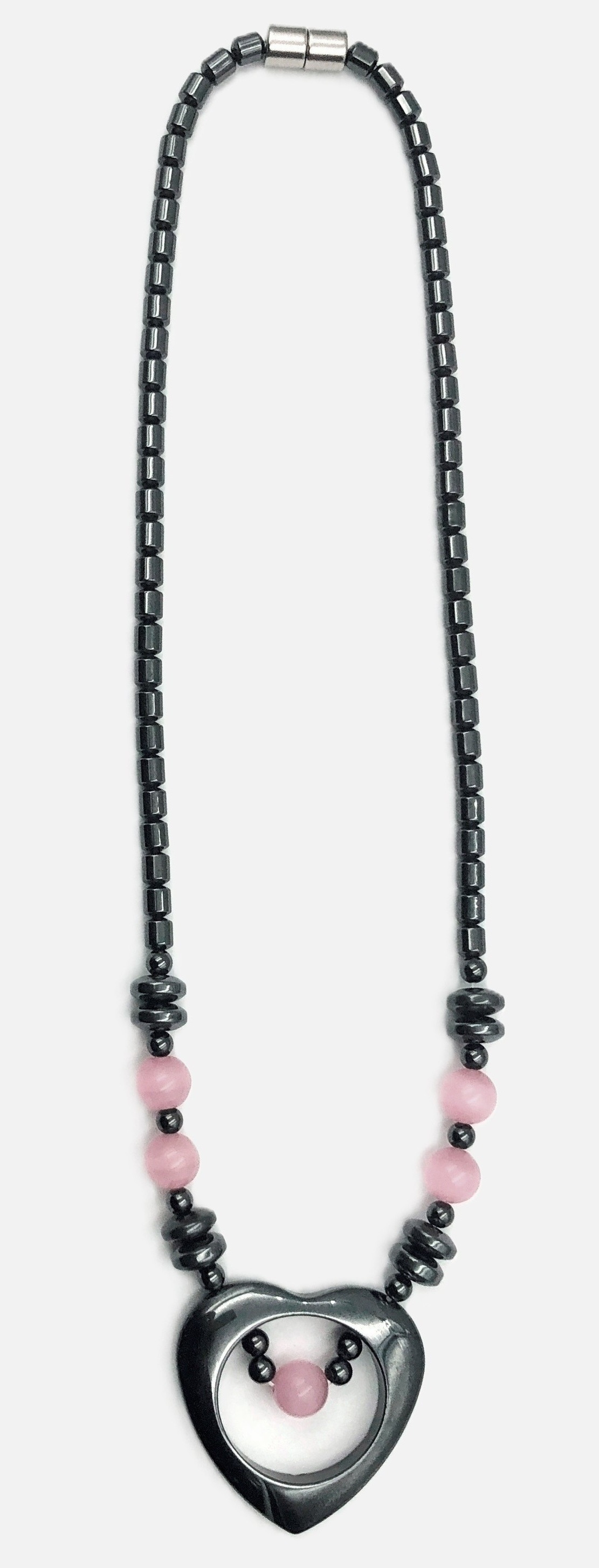 Open Hematite Heart Magnetic Therapy Necklace with Pink Beads for Women #MHN415