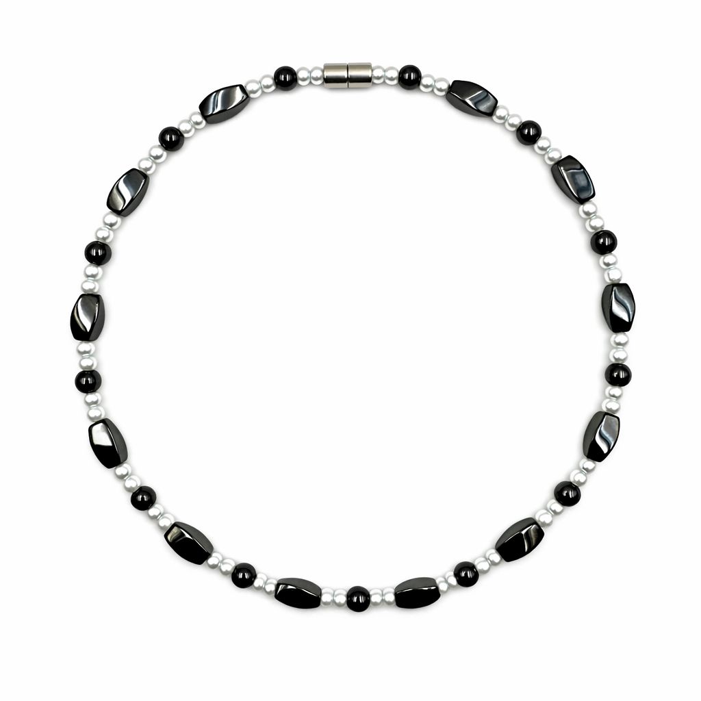 Black Onyx and Hematite Magnetic Necklace with Pearl Beads for Women #MHN433