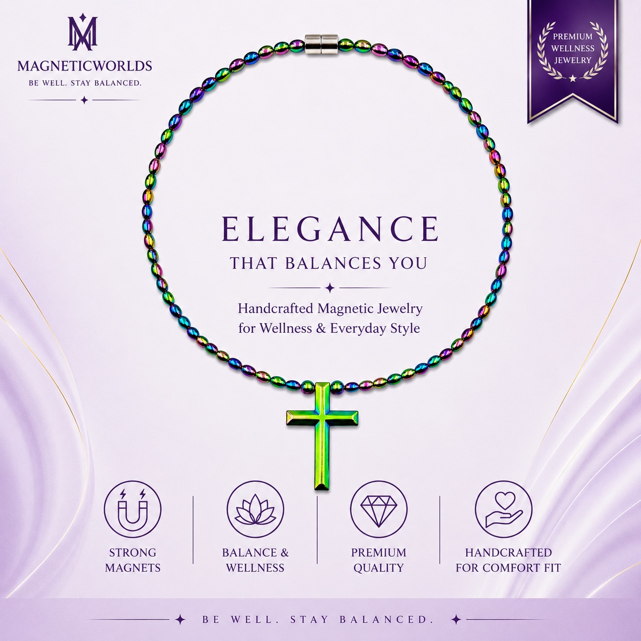 Iridescent Rainbow Cross Hematite Magnetic Necklace | Rainbow Beads #438