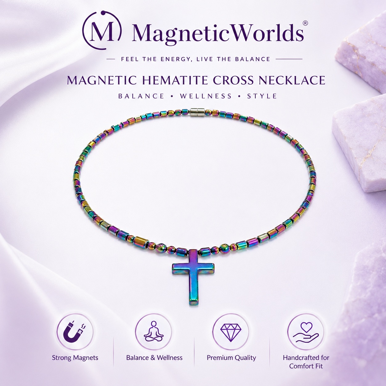 Rainbow Medium Cross Hematite Magnetic Necklace | Iridescent Beads #440