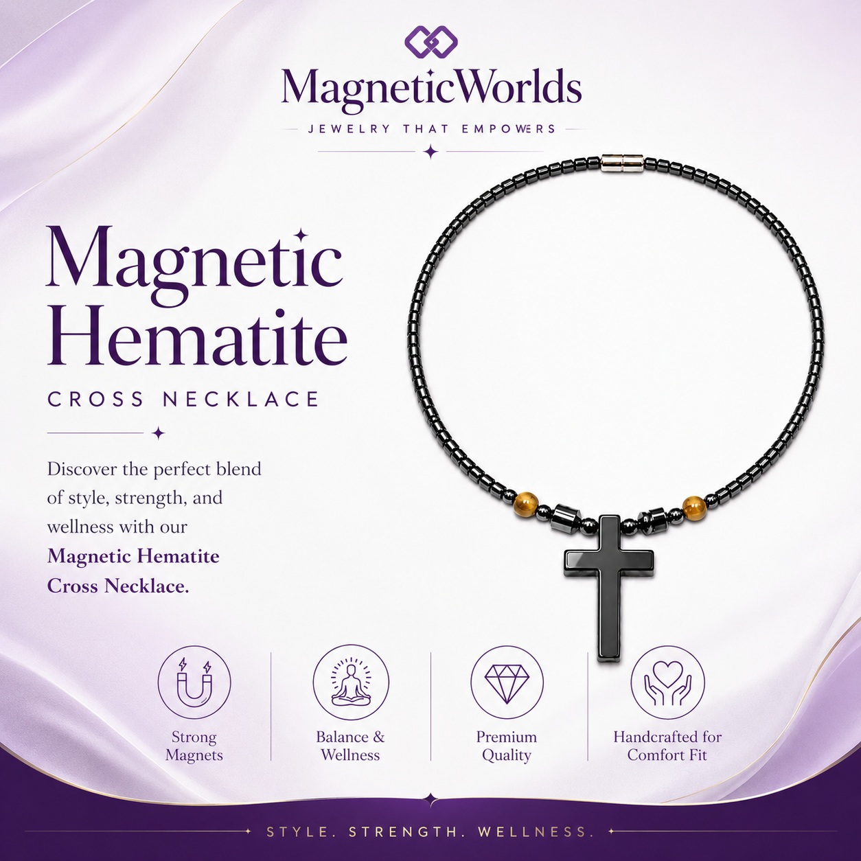 Tiger-eye Hematite Cross Magnetic Necklace | Stone Jewelry #400