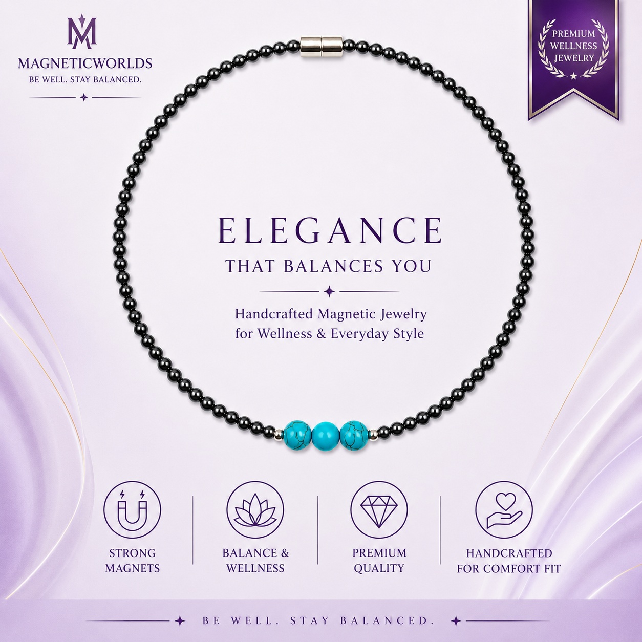 Turquoise and Hematite Magnetic Necklace for Women | Wellness Jewelry #425